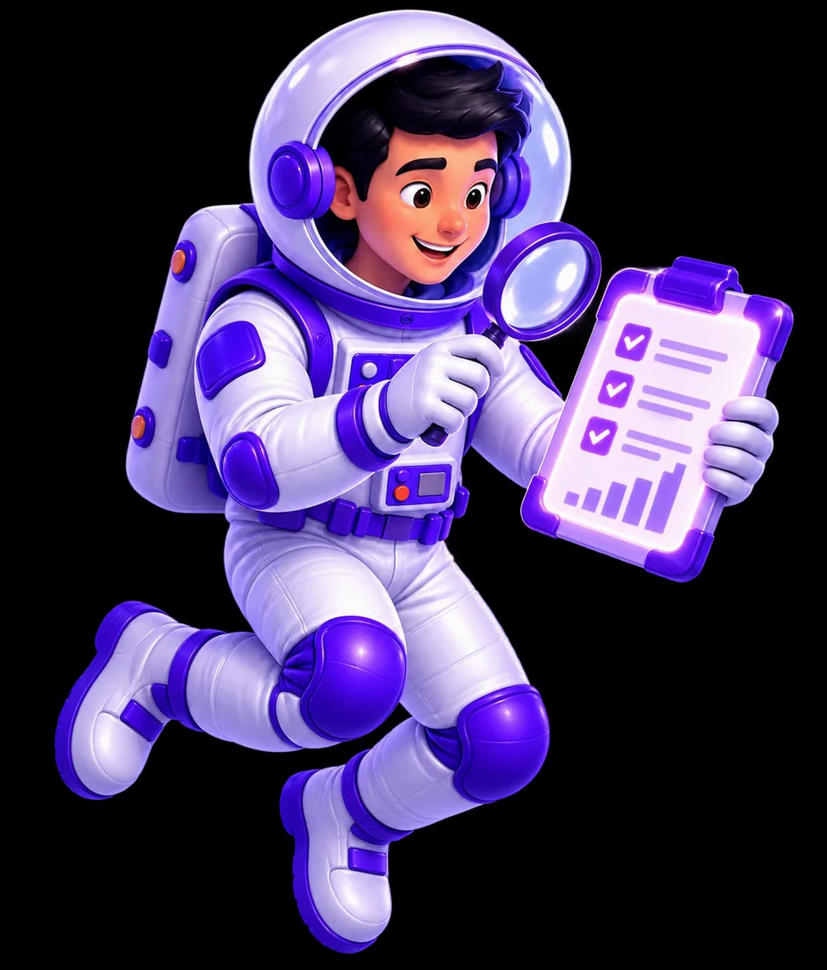 João, personagem astronauta da UniversoWeb, numa ilustração nova sobre auditoria SEO