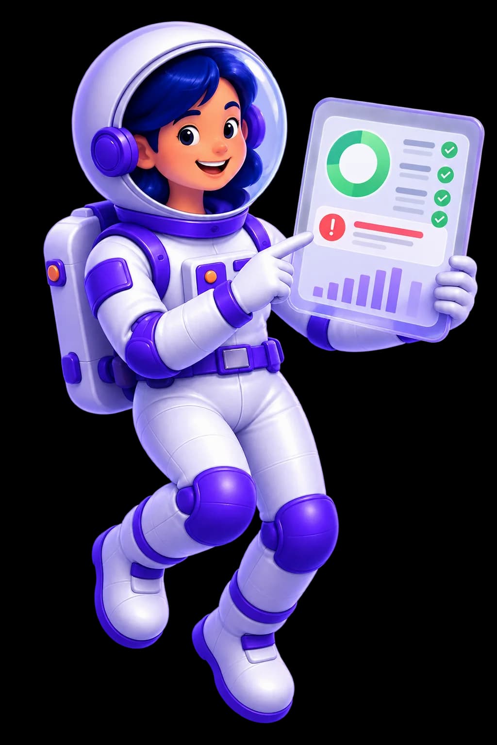Mariana, personagem astronauta da UniversoWeb, numa ilustração nova sobre auditoria SEO