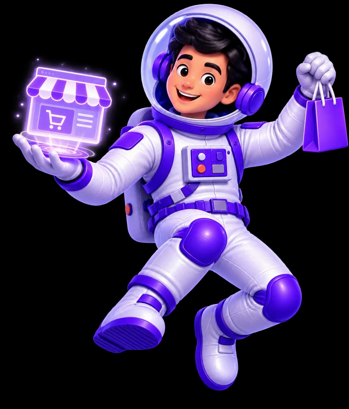 João, personagem astronauta da UniversoWeb, numa ilustração nova sobre criação de lojas online