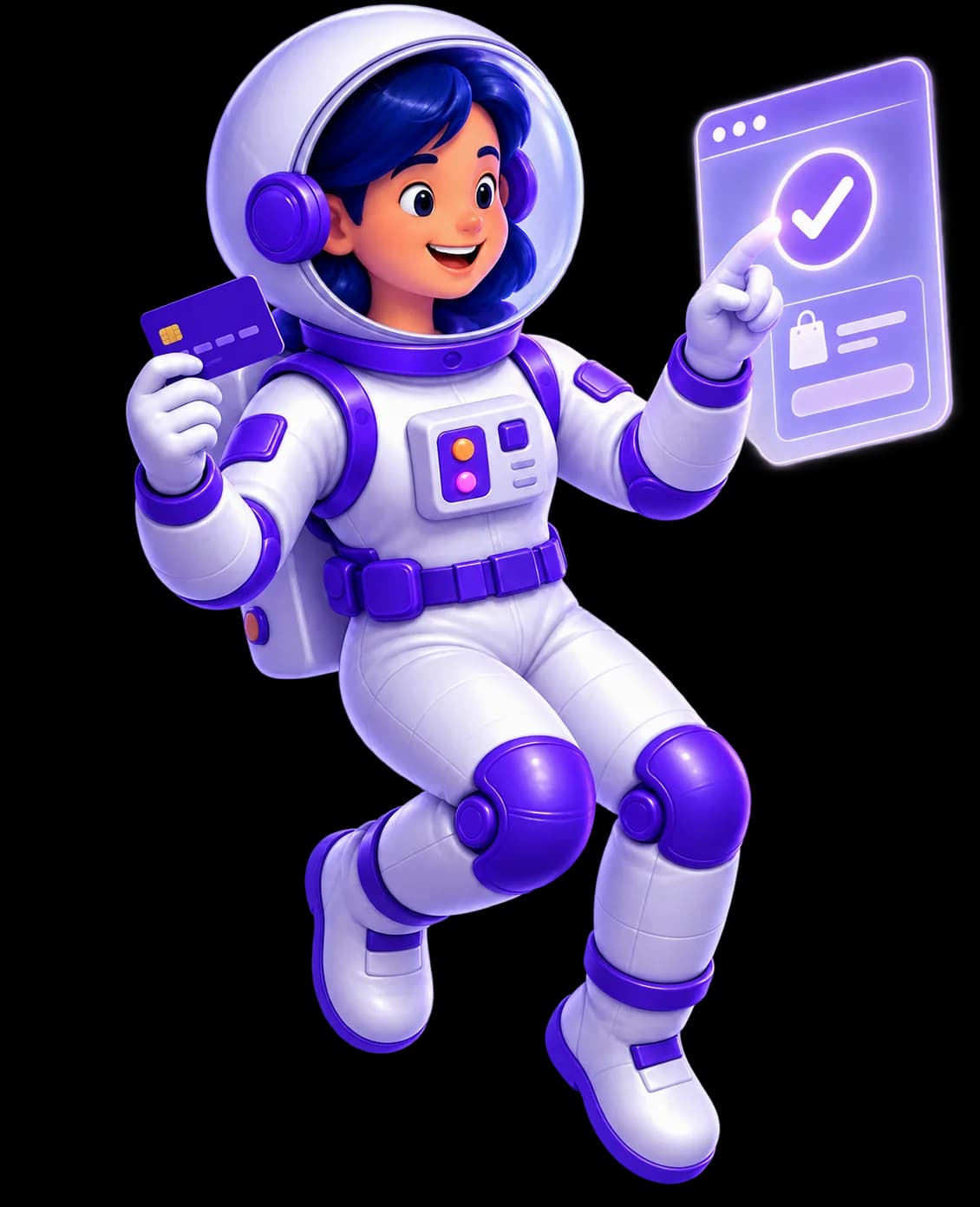 Mariana, personagem astronauta da UniversoWeb, numa ilustração nova sobre criação de lojas online