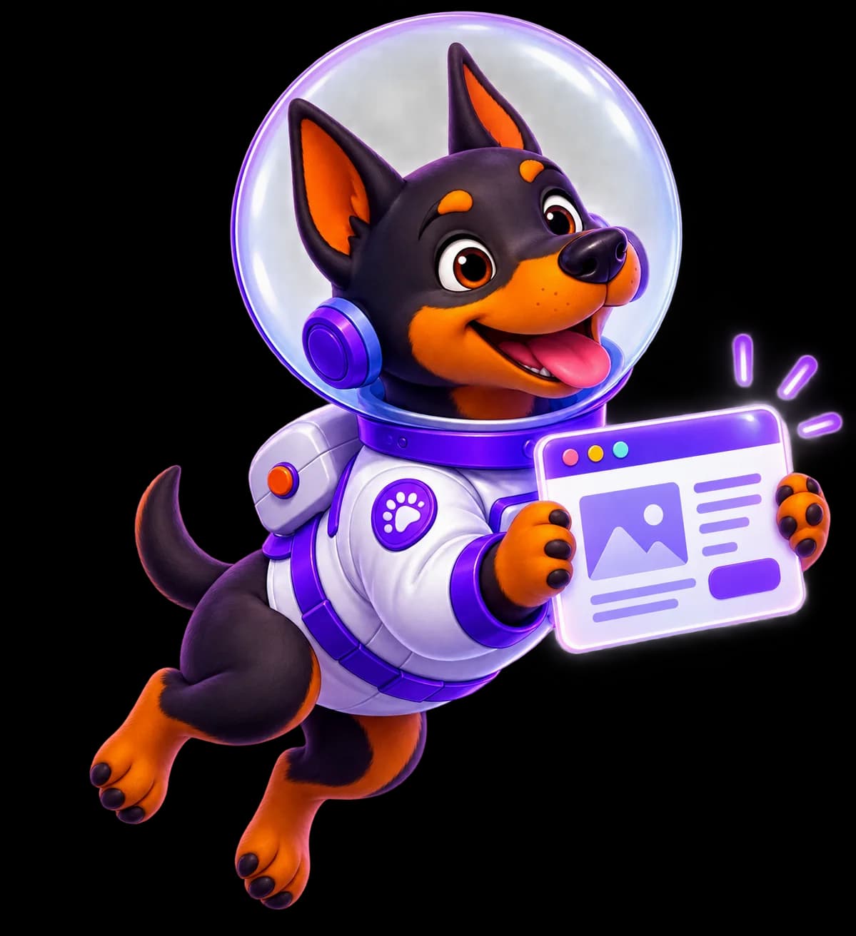 Fred, personagem astronauta da UniversoWeb, numa ilustração nova sobre criação de sites