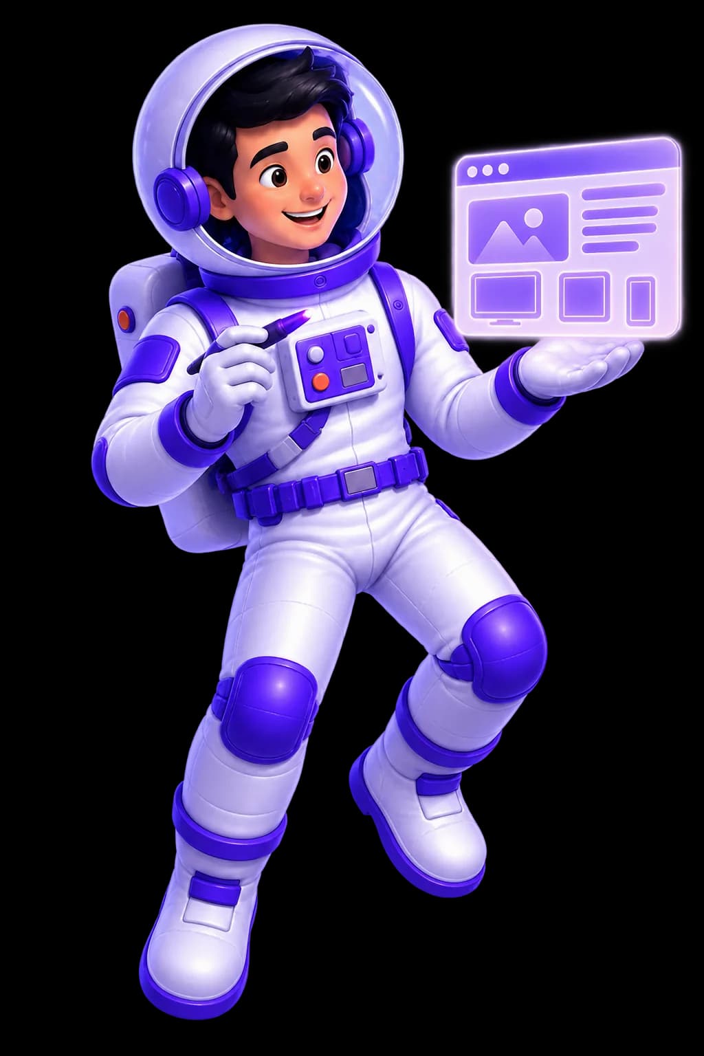 João, personagem astronauta da UniversoWeb, numa ilustração nova sobre criação de sites