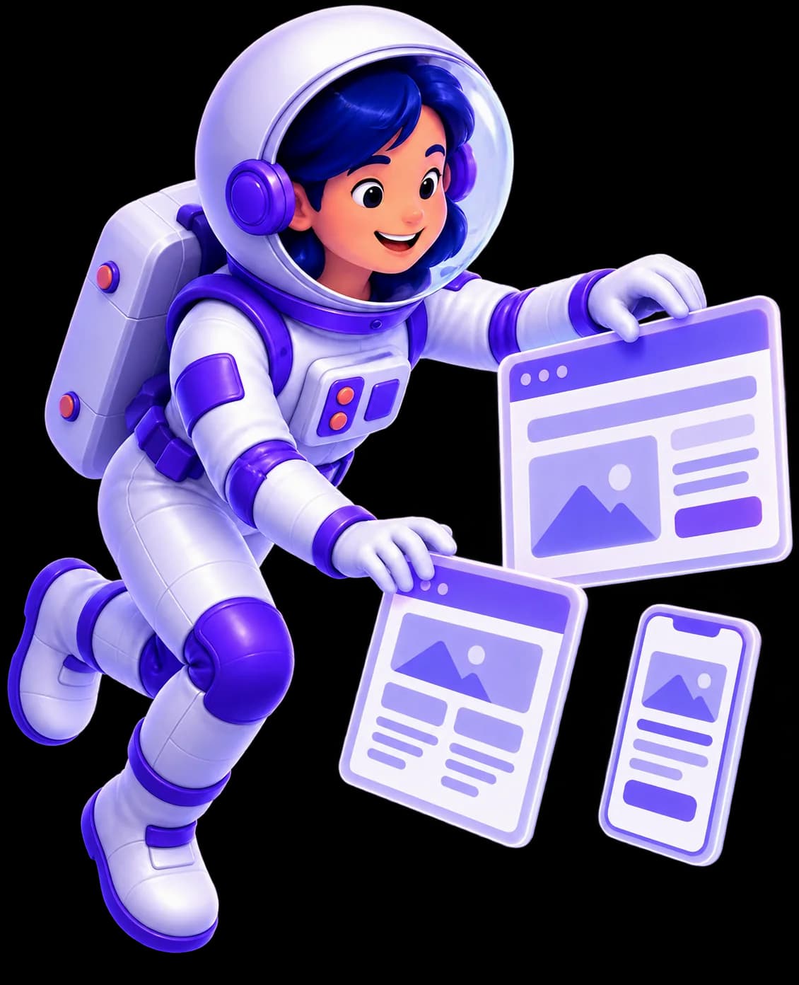 Mariana, personagem astronauta da UniversoWeb, numa ilustração nova sobre criação de sites