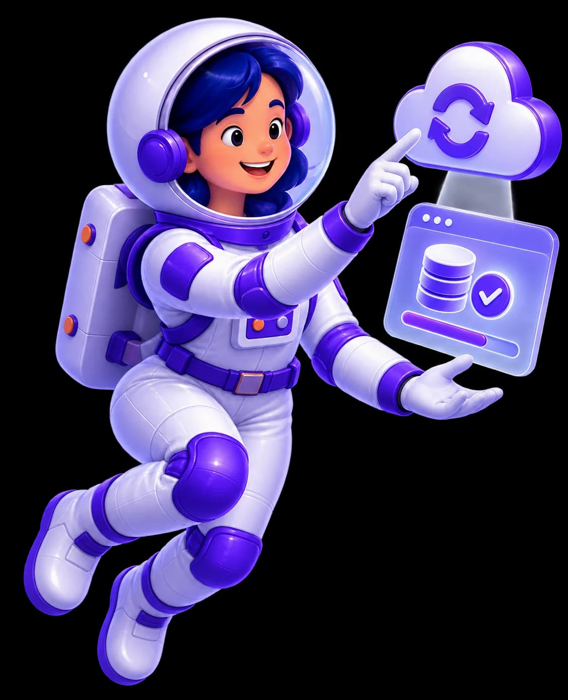 Mariana, personagem astronauta da UniversoWeb, numa ilustração nova sobre manutenção WordPress