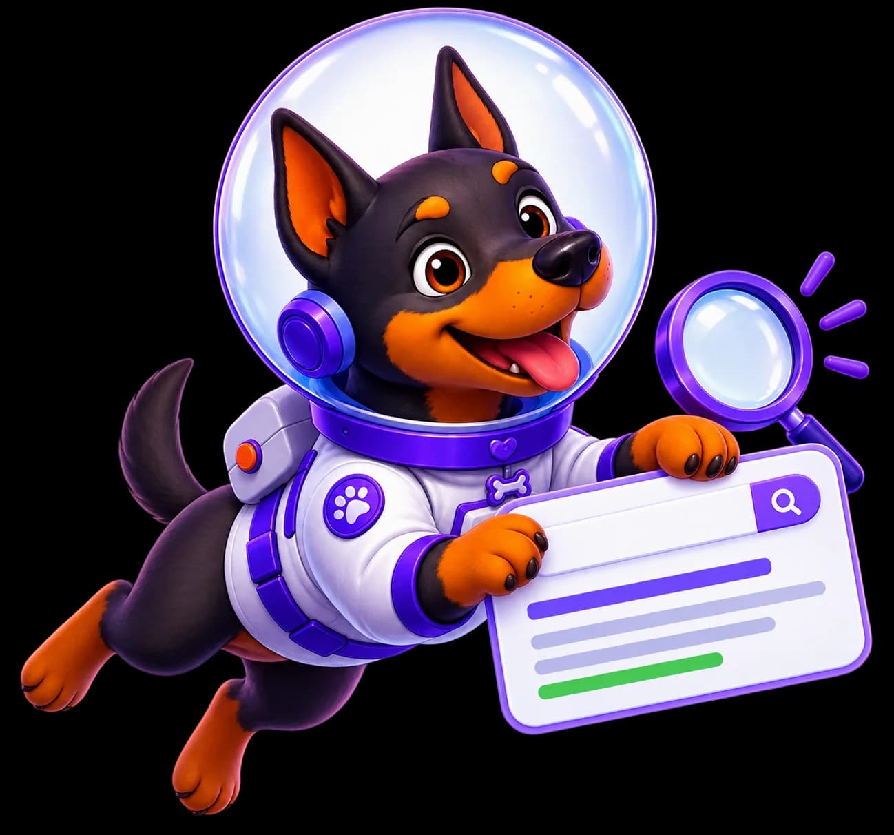 Fred, personagem astronauta da UniversoWeb, numa ilustração nova sobre otimização SEO