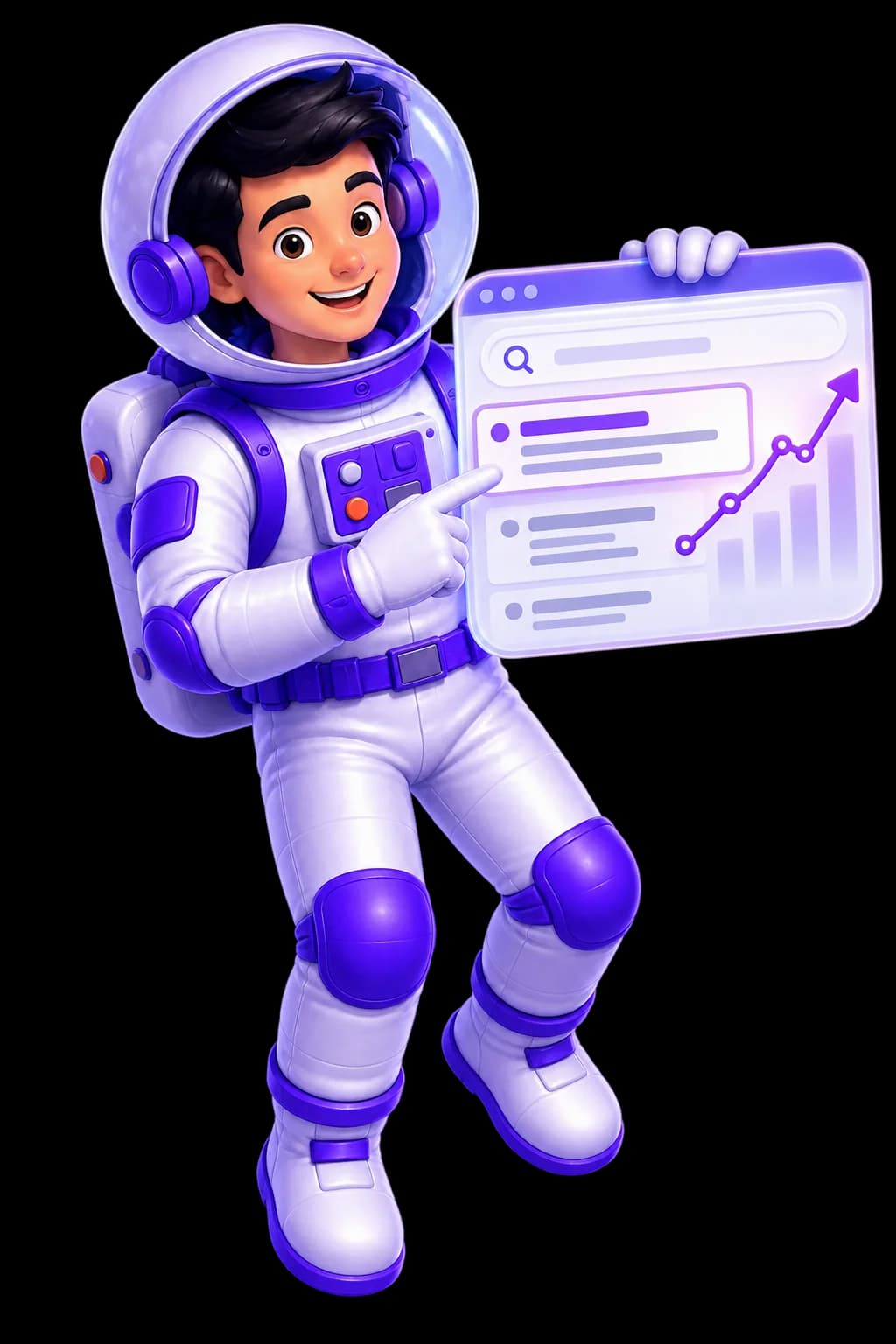 João, personagem astronauta da UniversoWeb, numa ilustração nova sobre otimização SEO