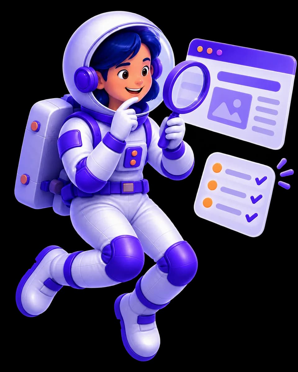 Mariana examina um website com uma lupa e uma lista de melhorias