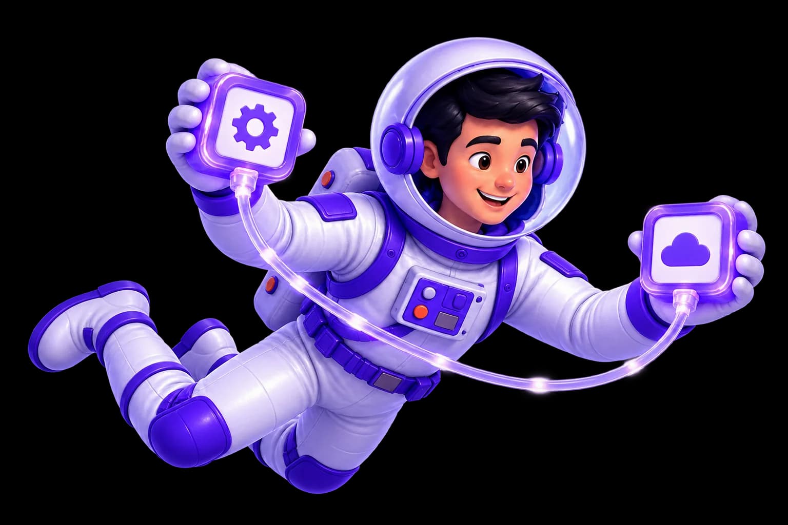 João apresenta integrações API João, personagem astronauta da UniversoWeb, numa ilustração nova sobre integrações API