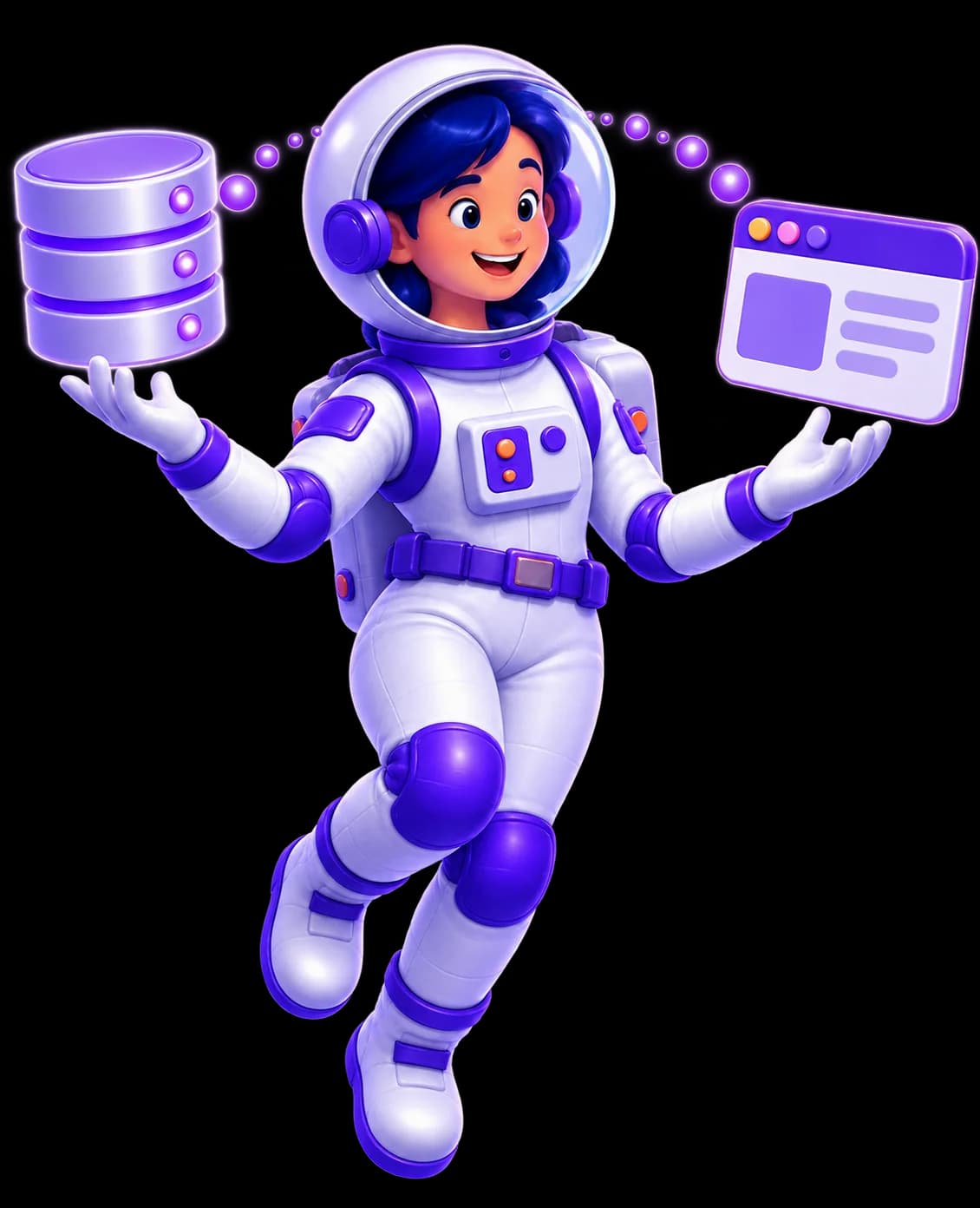 Mariana apresenta integrações API Mariana, personagem astronauta da UniversoWeb, numa ilustração nova sobre integrações API