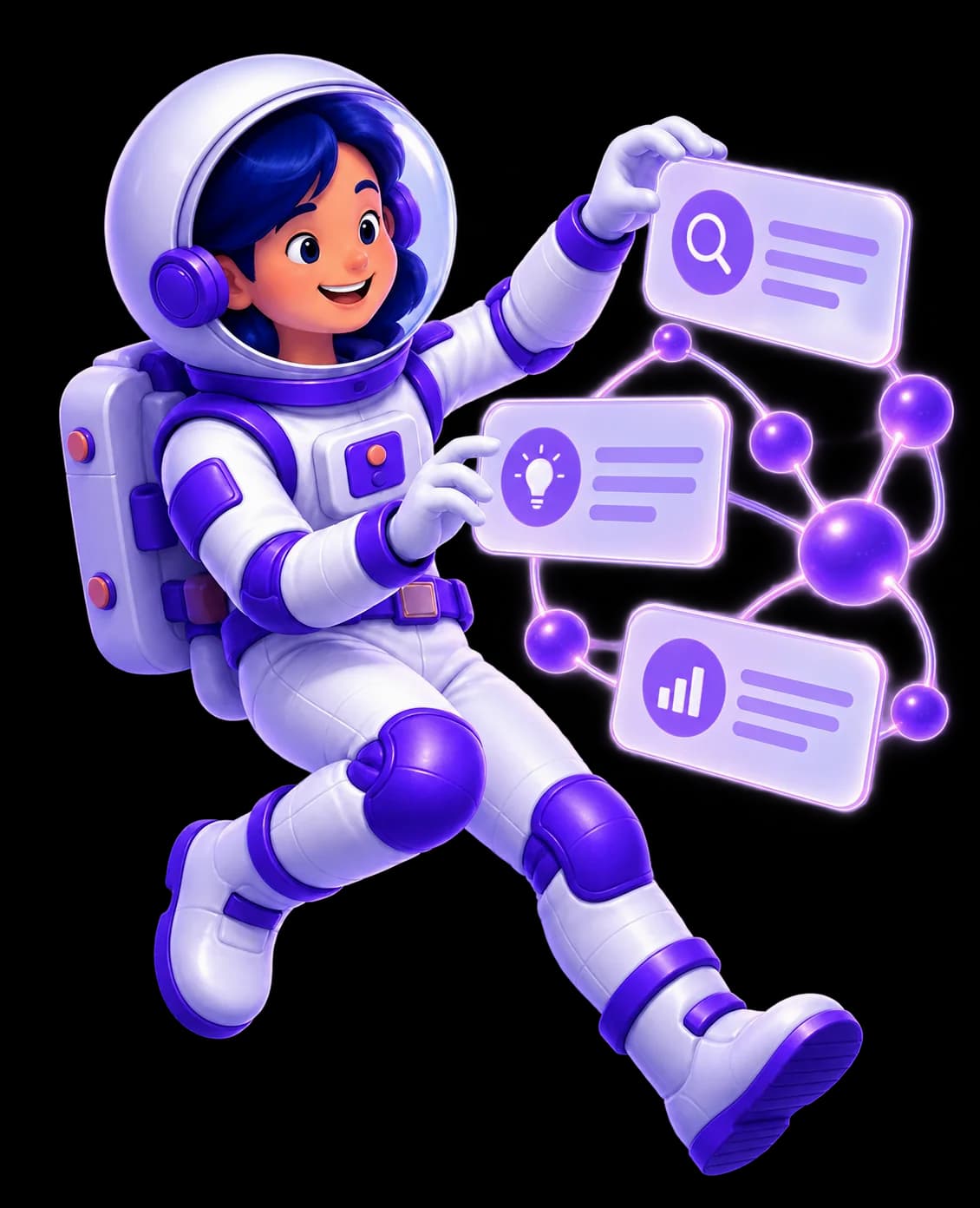 Mariana apresenta SEO para inteligência artificial Mariana, personagem astronauta da UniversoWeb, numa ilustração nova sobre SEO para inteligência artificial